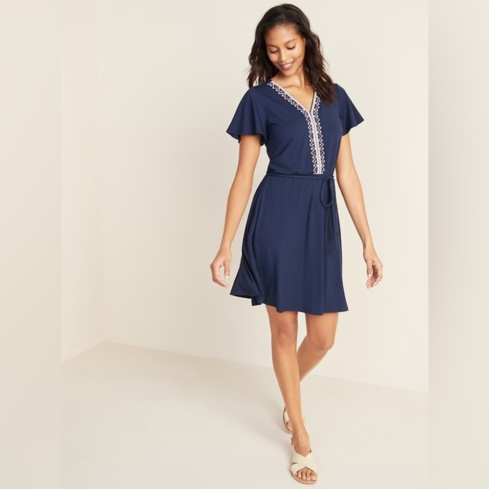 Waist-Defined Embroidered Tie-Belt Jersey Dress for Women